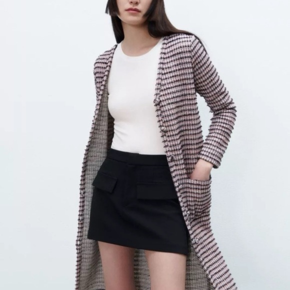 ZARA Tweed Textured Midi Dress‎ cardigan pink black Size small - Picture 1 of 6